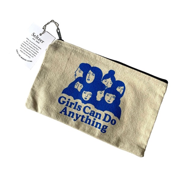 Seltzer Goods Girls Can Do Anything Pouch in Cream and Blue - Picture 2 of 7